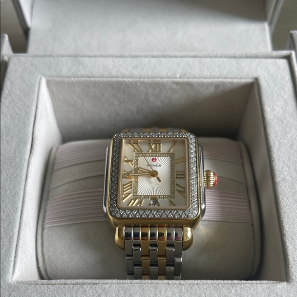 Michele Jewelry - Michele Two-Tone Gold and Silver Diamond Bezel Square Watch with Red Crown